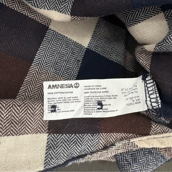 Amnesia Mens Hooded Plaid Flannel Long Sleeve Shirt Navy Blue & Brown Size M - Picture 6 of 7